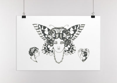 Butterfly lady head tattoo design flash wall hanging